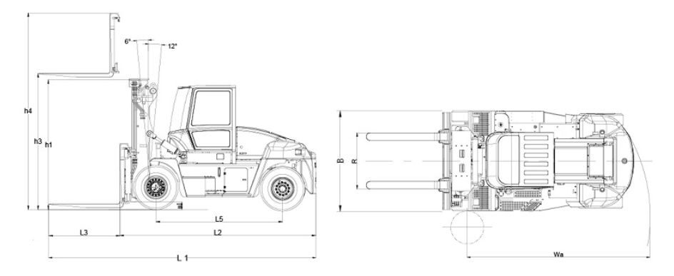 Kích thước xe nâng điện 12 tấn lithium ngồi lái